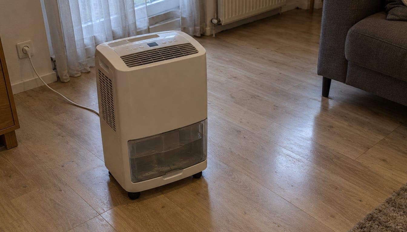 Déshumidificateur portable générique blanc posé sur le parquet d'un séjour, réservoir d'eau transparent à l'avant, câble branché à une prise murale, radiateur et canapé gris flous à l'arrière-plan
