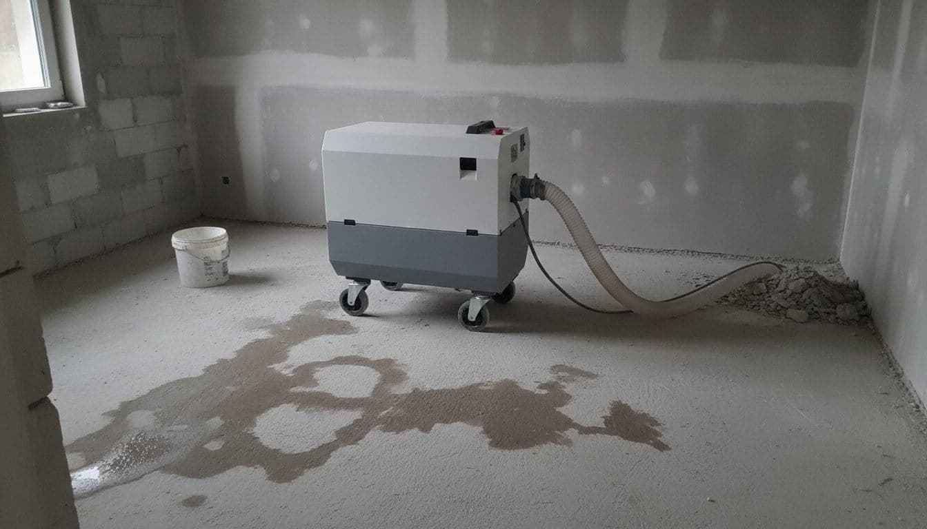 Déshumidificateur de chantier générique sur roulettes posé dans une pièce en travaux, sol en béton humide, tuyau d'évacuation relié à un seau