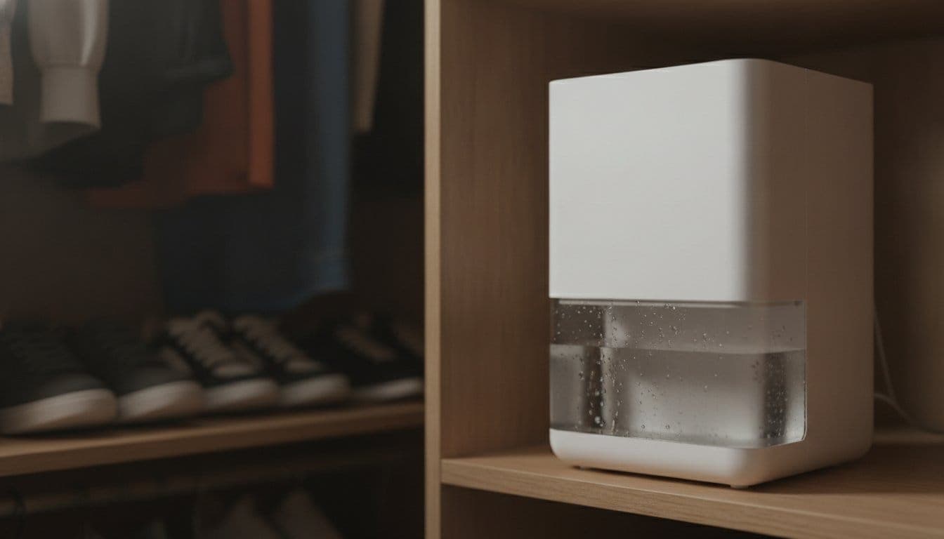 Petit déshumidificateur électrique compact blanc sans marque posé sur une étagère de dressing, réservoir d'eau transparent visible à l'avant avec de la condensation