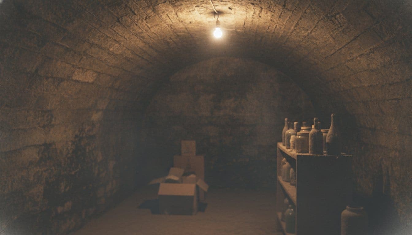 Mur en pierre d'une cave voûtée avec des traces d'humidité sombres et un léger voile de condensation près du sol, cartons et étagère en bois au fond sous une ampoule nue
