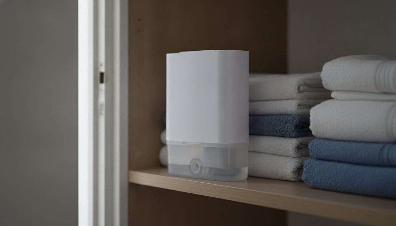 Absorbeur d'humidité blanc générique posé sur une étagère de placard, entre des serviettes, avec un peu d'eau condensée visible dans le bac