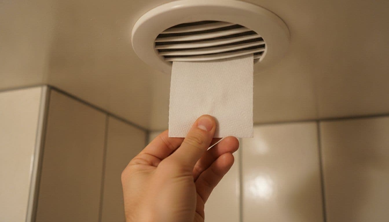 Bouche d'extraction d'air au plafond d'une salle de bain sans fenêtre, avec une feuille de papier toilette plaquée contre la grille pour tester le tirage
