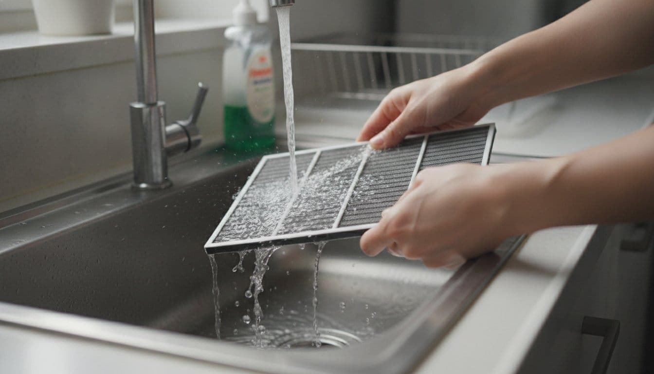 Mains rinçant à l'eau du robinet un filtre à poussière plat et grillagé de déshumidificateur, au-dessus d'un évier de cuisine
