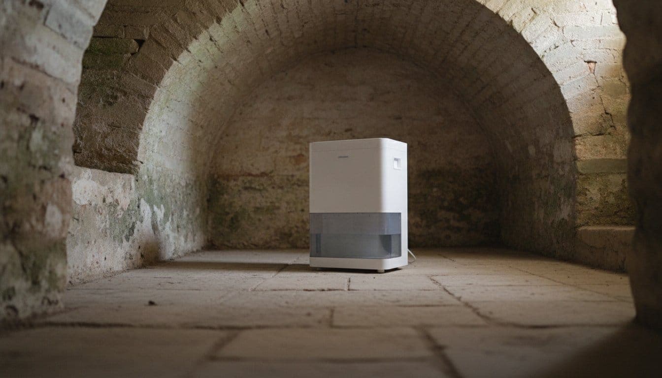 Déshumidificateur portable générique posé au sol d'une cave voûtée en pierre, réservoir d'eau transparent visible sur le côté