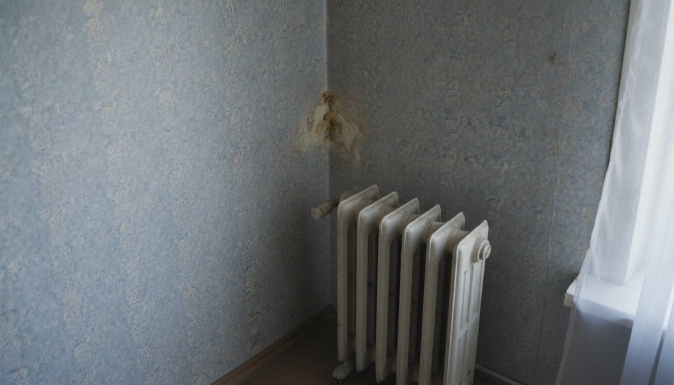 Angle d'une chambre d'amis non chauffée en hiver, radiateur à roulettes éteint, papier peint qui cloque au raccord du plafond et léger voile de moisissure dans l'angle du mur