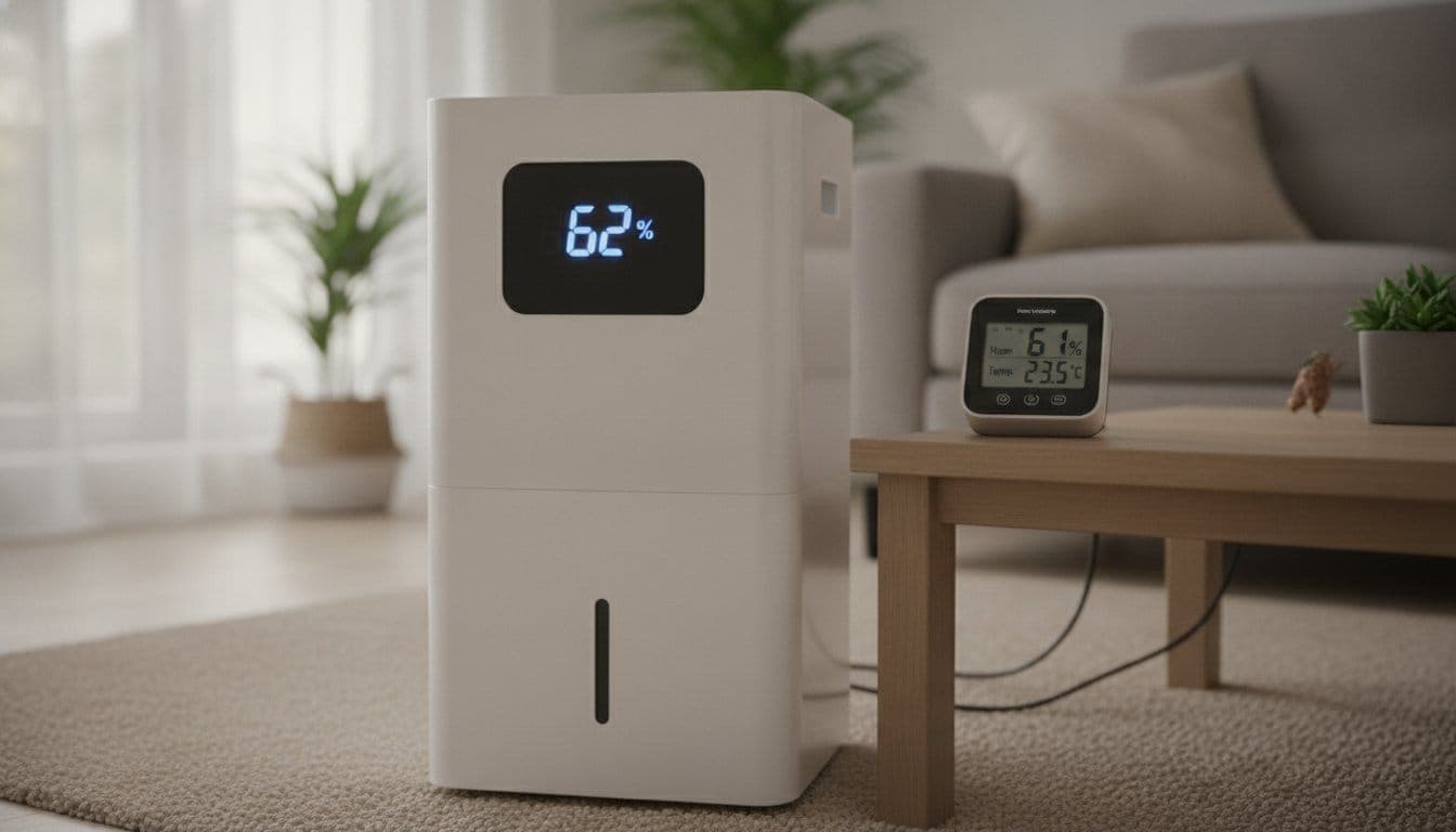 Déshumidificateur posé au sol dans un salon avec son écran de contrôle, et un petit thermo-hygromètre numérique sur une table basse affichant le taux d'humidité de la pièce