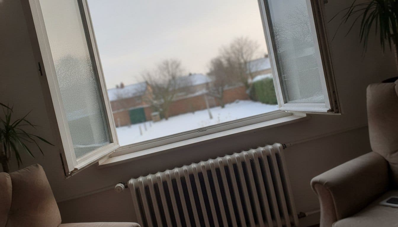 Fenêtre de salon grande ouverte un matin d'hiver, buée qui s'estompe encore sur le bord de la vitre, radiateur éteint sous la fenêtre