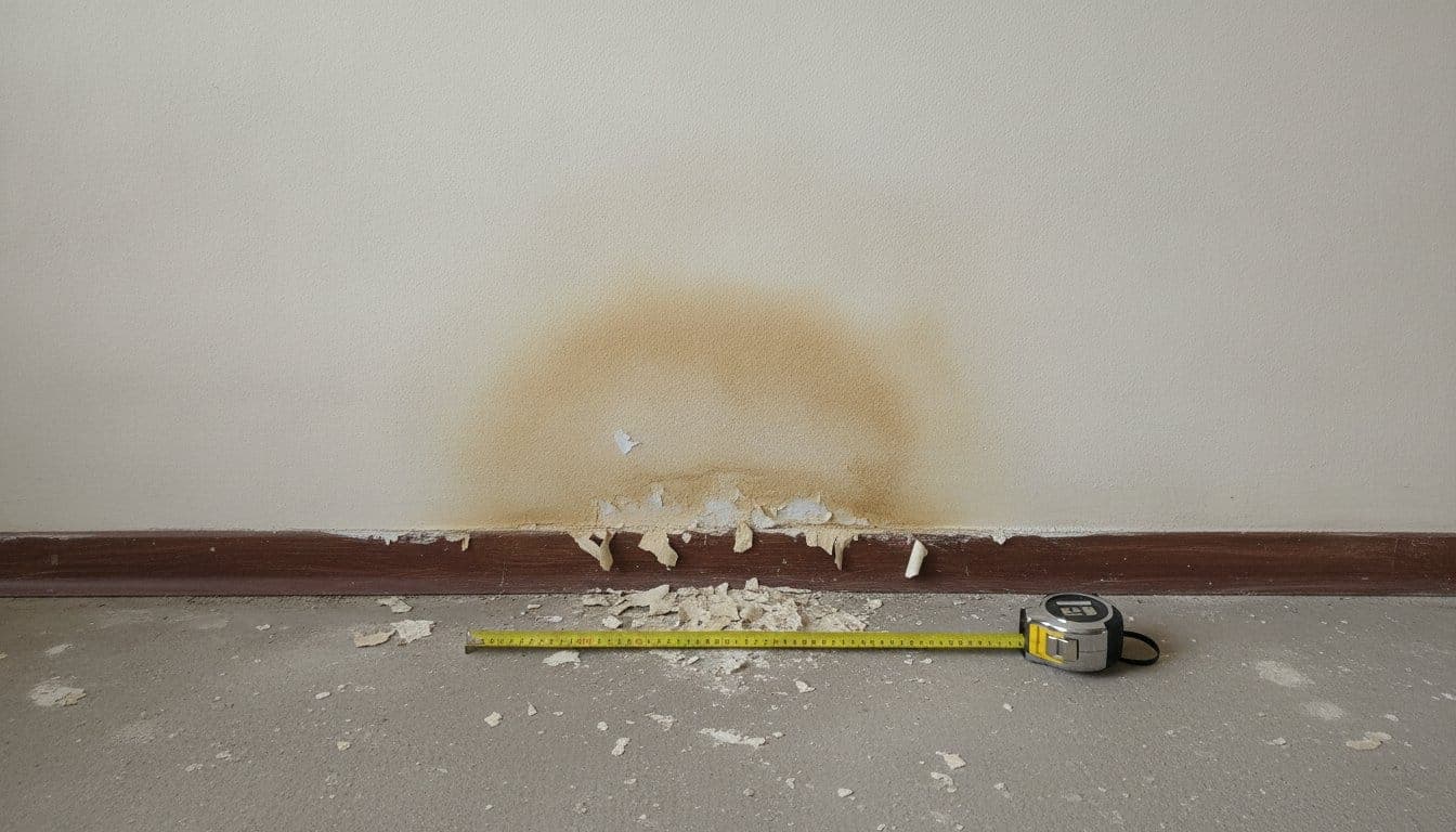 Bas de mur d'appartement près d'une plinthe avec une large auréole d'humidité et de la peinture qui s'écaille, un mètre ruban posé au sol pour l'échelle
