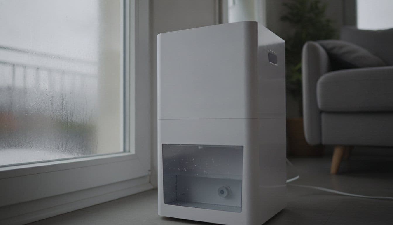 Déshumidificateur électrique blanc générique posé au sol dans un coin de salon, devant une fenêtre embuée de condensation en hiver