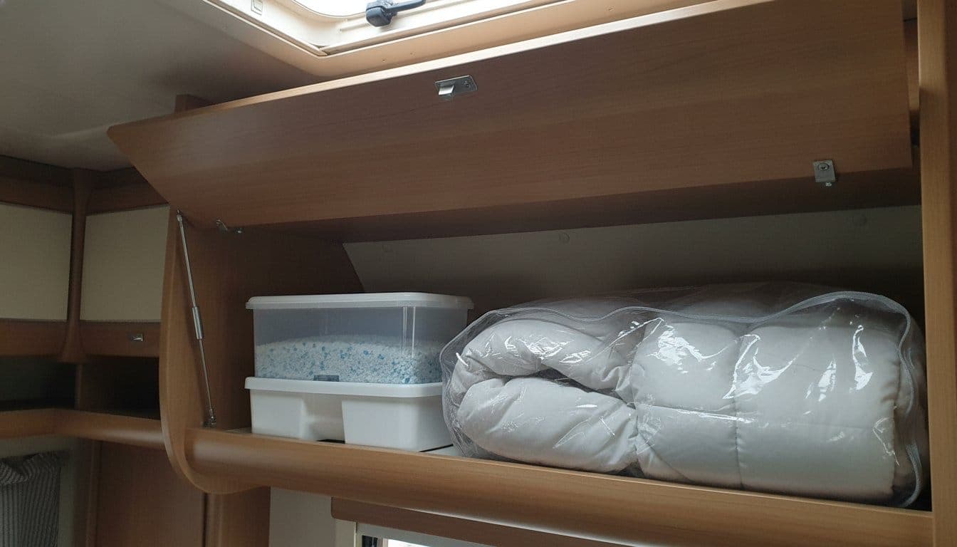 Placard de rangement ouvert dans un camping-car en hivernage, avec un absorbeur d'humidité en plastique blanc rempli de granulés dessiccants posé sur une étagère en bois, à côté d'une couette pliée