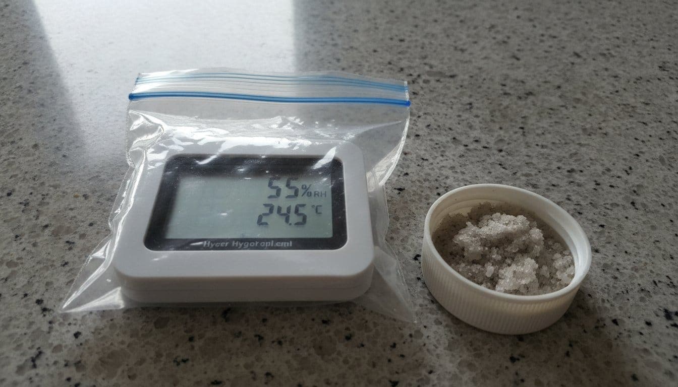 Petit hygromètre numérique dans un sachet de congélation fermé, posé à côté d'un bouchon rempli de sel humide, sur un plan de travail de cuisine