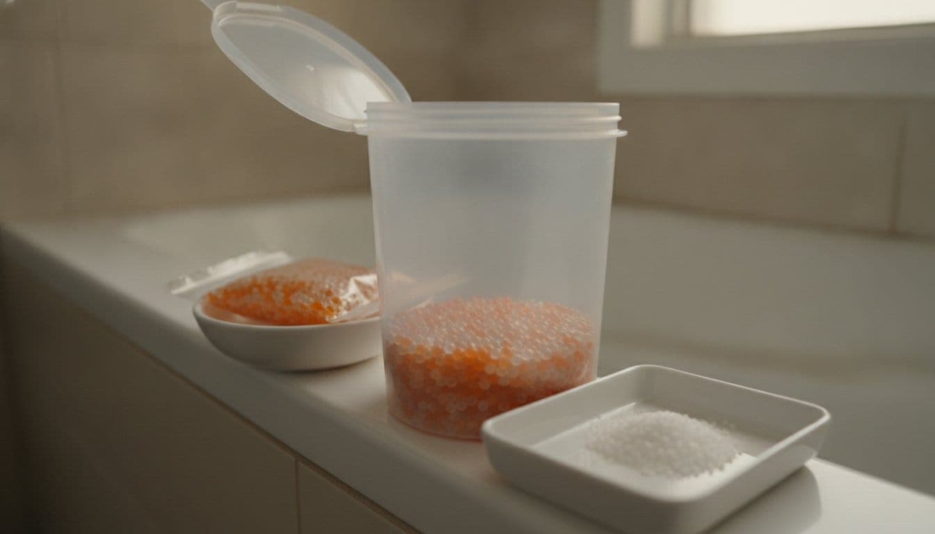 Bac d'absorbeur d'humidite ouvert dans une salle de bain avec une coupelle de billes de gel de silice et un bac de cristaux de chlorure de calcium sans marque visible