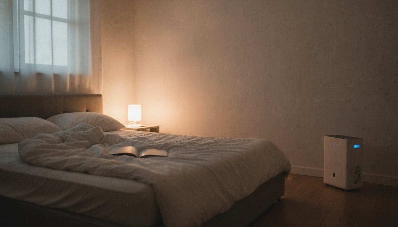 Chambre le soir avec une lampe de chevet allumée et un déshumidificateur compact posé au sol, à distance du lit