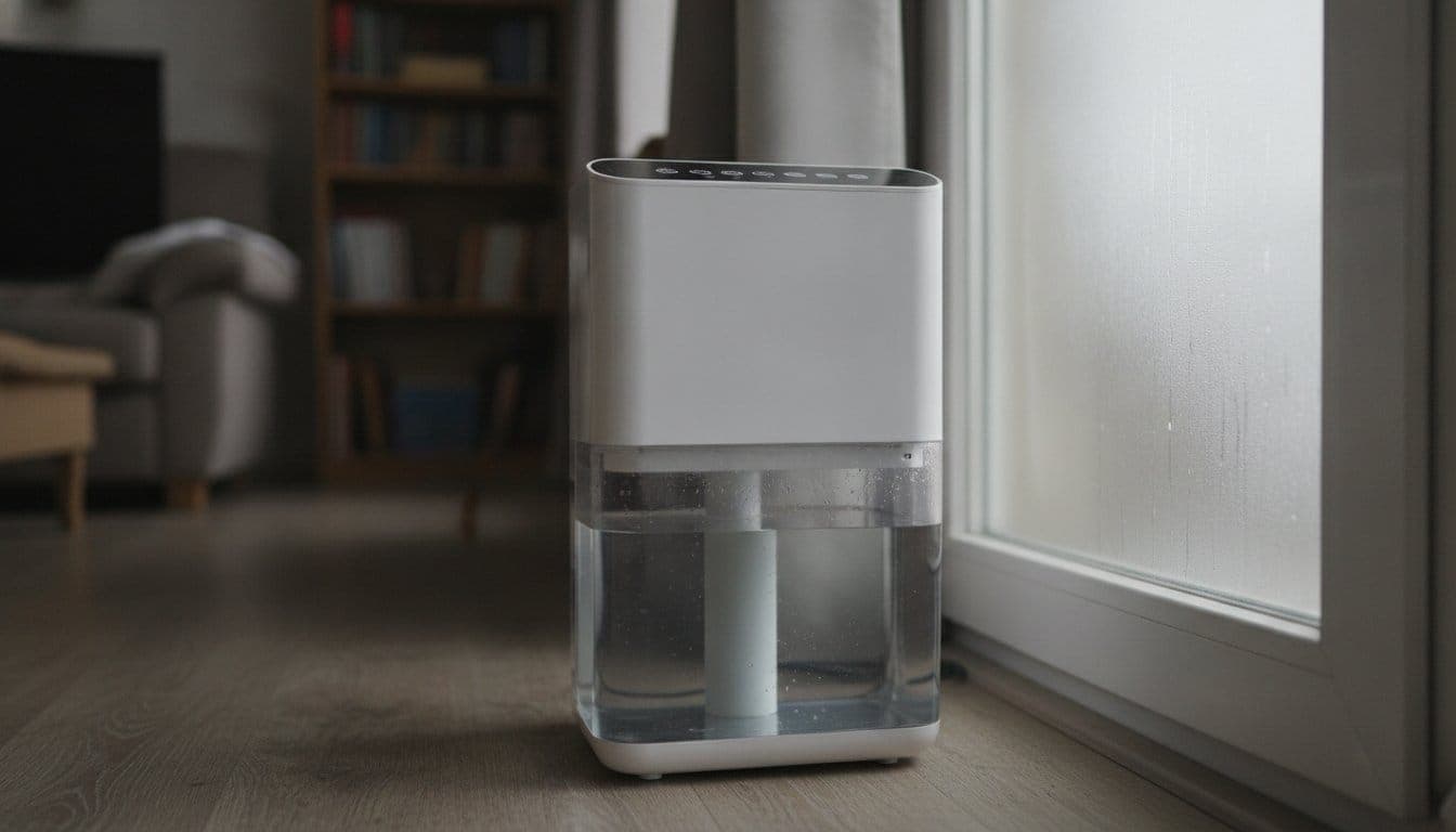 Déshumidificateur électrique compact posé au sol près d'une fenêtre embuée dans un salon, réservoir d'eau transparent visible à moitié rempli
