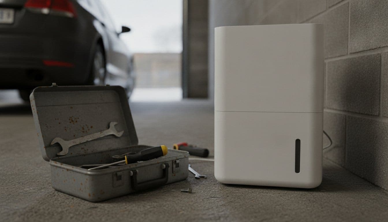 Déshumidificateur dessiccant posé au sol dans un garage en hiver, à côté d'une caisse à outils avec un tournevis et une clé légèrement rouillés, arrière flou d'une voiture sans marque visible
