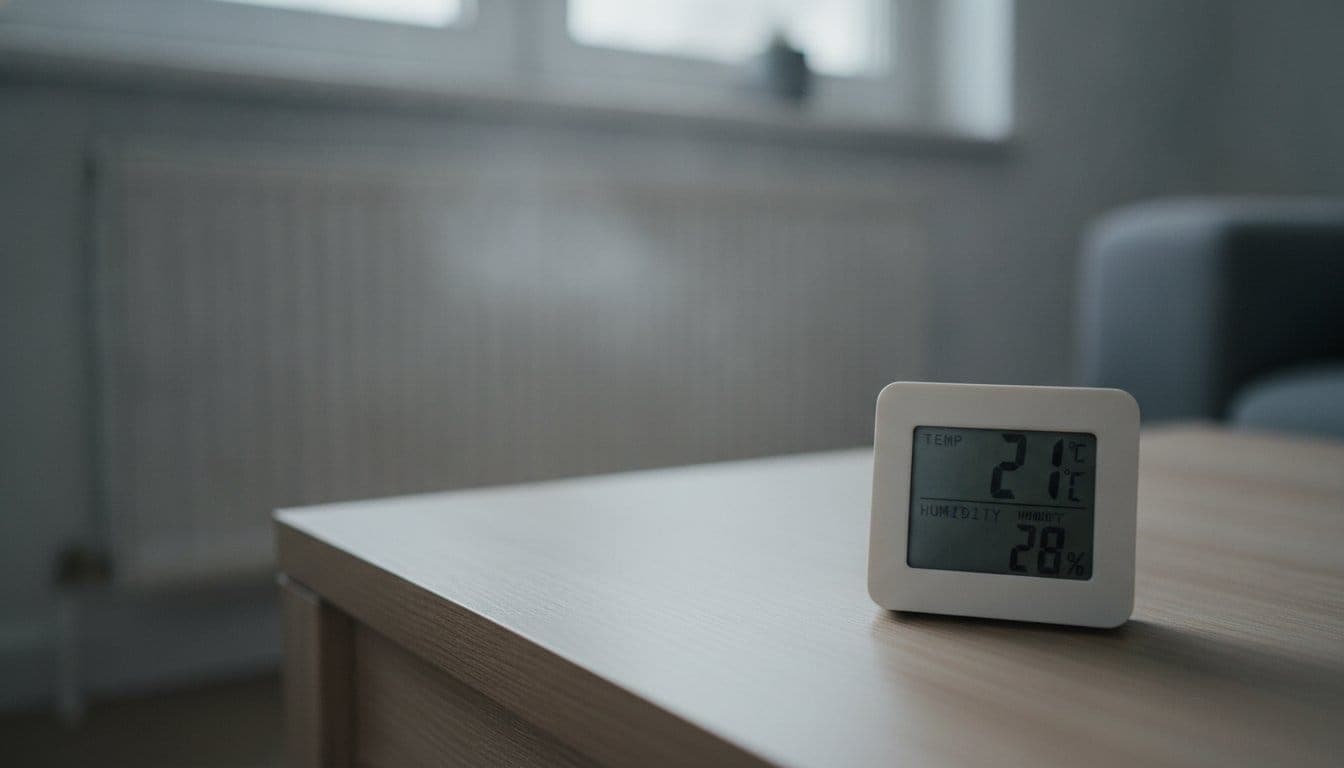 Petit thermo hygromètre numérique sur une table basse dans un salon d'hiver, affichant un taux d'humidité bas autour de 28% et 21°C, radiateur en arrière plan