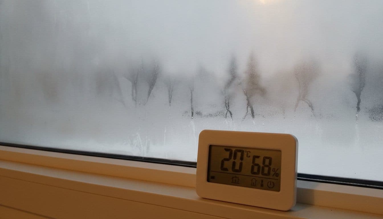 Petit thermo-hygromètre numérique posé sur un rebord de fenêtre embuée un matin d'hiver, affichant 20°C et 68% d'humidité