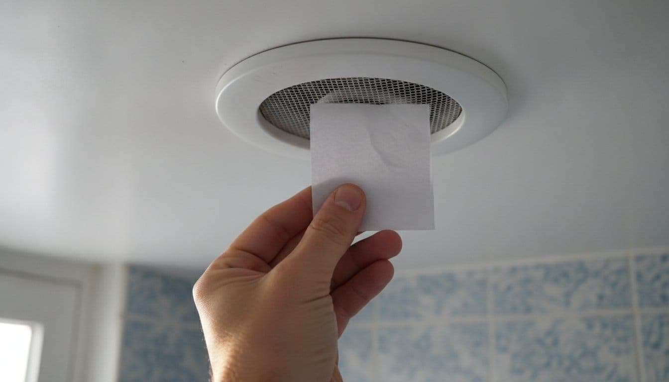 Une feuille de papier fine tenue contre une bouche d'extraction de VMC au plafond d'une salle de bain pour tester l'aspiration