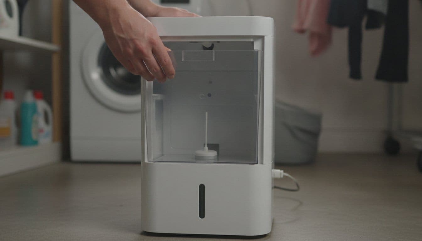 Mains retirant le réservoir d'eau transparent d'un déshumidificateur blanc générique dans une buanderie pour vérifier le flotteur, le bac vide