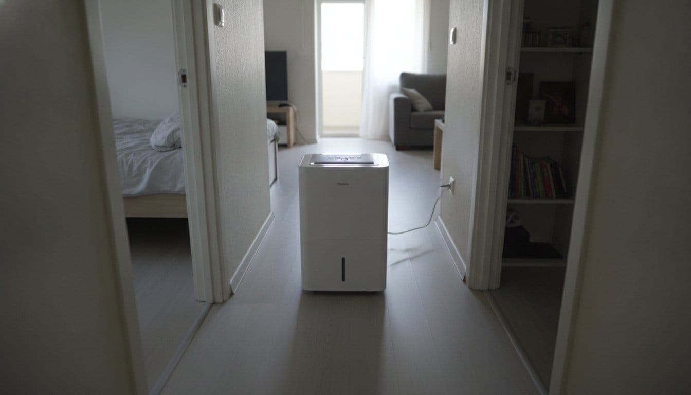 Déshumidificateur portable générique posé au milieu d'un couloir d'appartement, portes des pièces ouvertes de part et d'autre